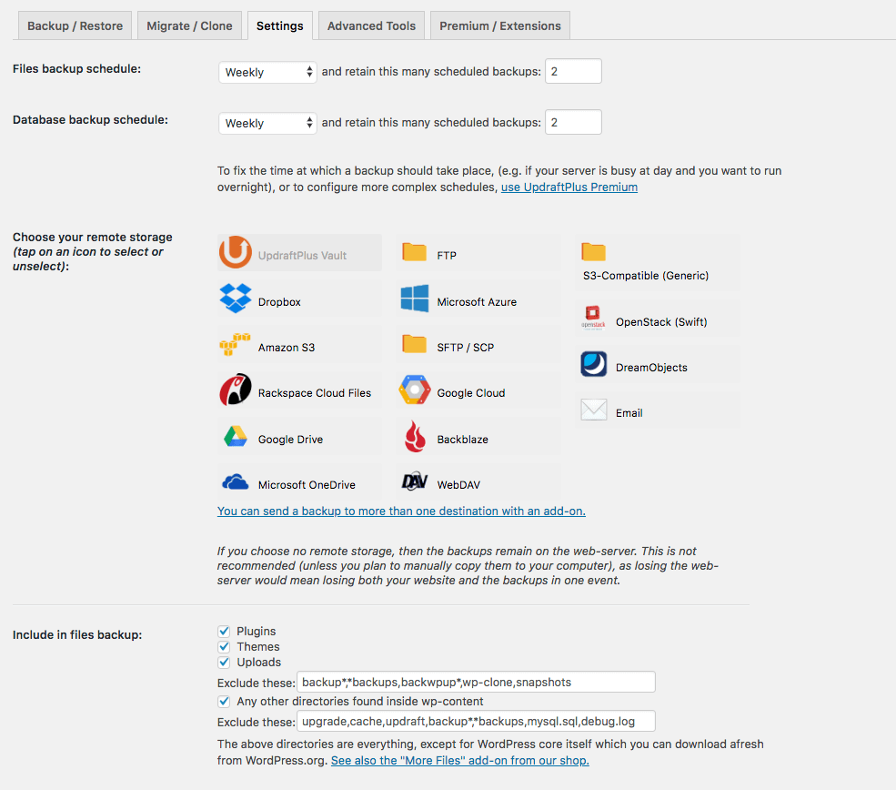 Interface de configuração do plugin UpdraftPlus