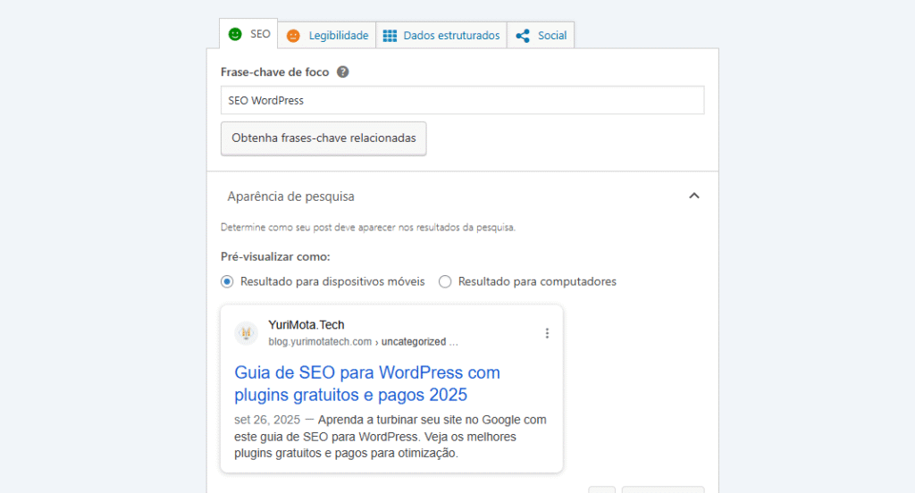 Print do painel Yoast SEO Premium em página WordPress