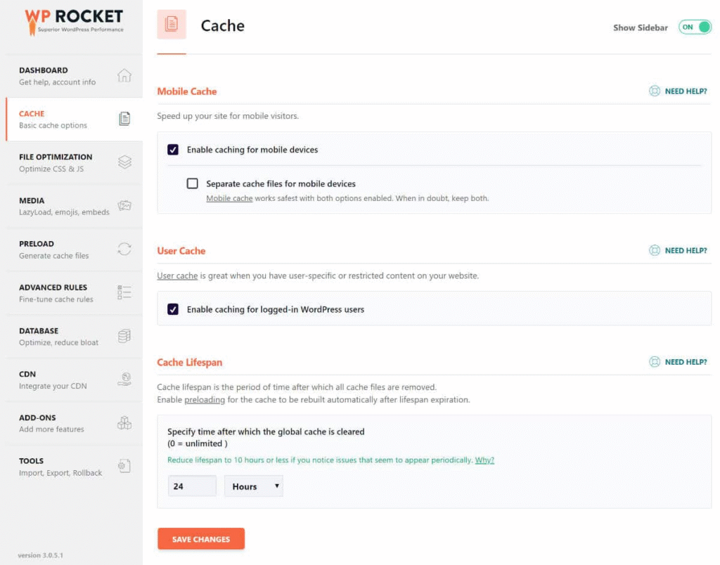 Interface do plugin WP Rocket